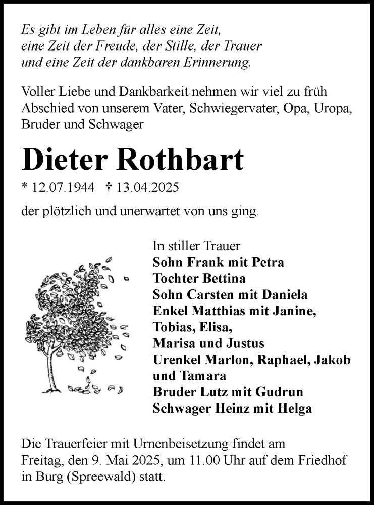  Traueranzeige für Dieter Rothbart vom 26.04.2025 aus Lausitzer Rundschau