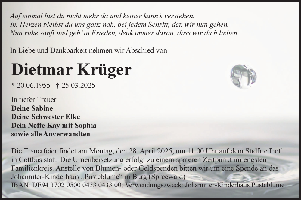  Traueranzeige für Dietmar Krüger vom 12.04.2025 aus Lausitzer Rundschau