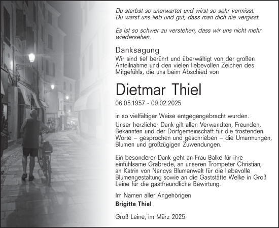 Traueranzeige von Dietmar Thiel von Lausitzer Rundschau