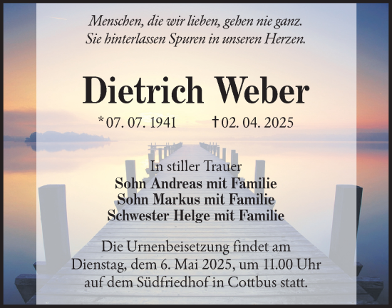 Traueranzeige von Dietrich Weber von Lausitzer Rundschau