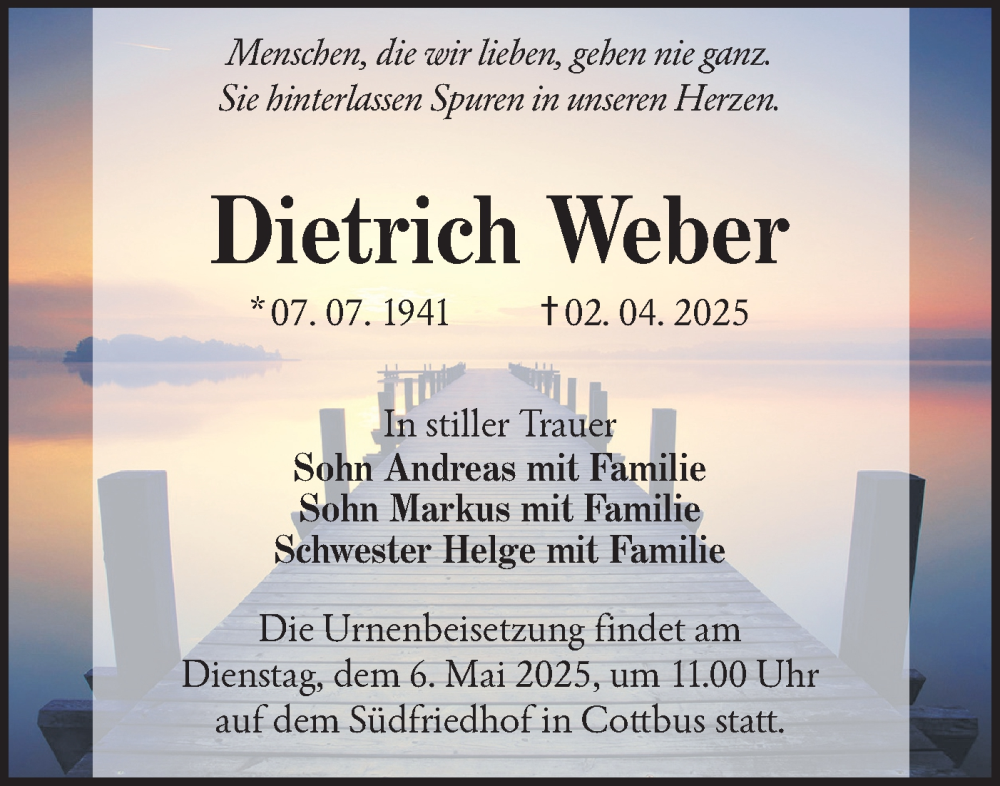  Traueranzeige für Dietrich Weber vom 26.04.2025 aus Lausitzer Rundschau