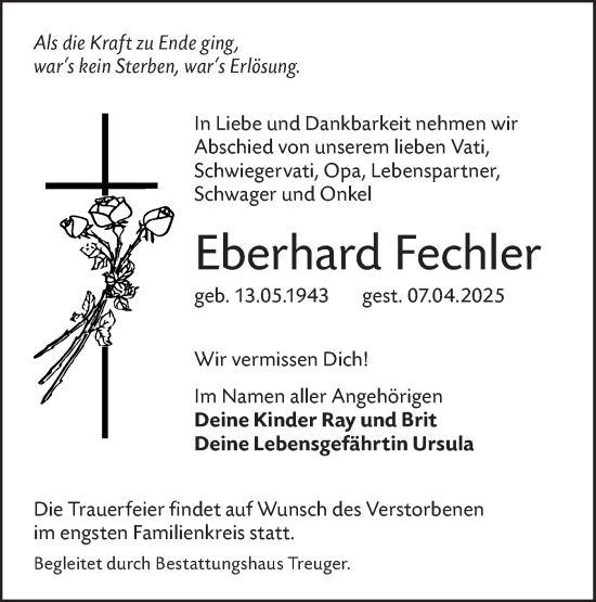Traueranzeige von Eberhard Fechler von Lausitzer Rundschau