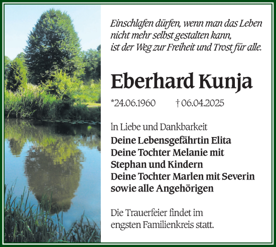 Traueranzeige von Eberhard Kunja von Lausitzer Rundschau