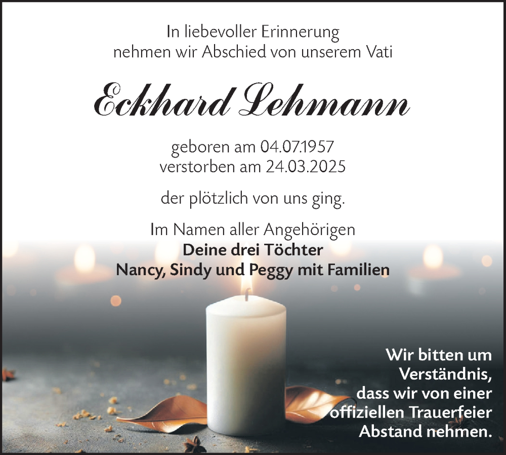  Traueranzeige für Eckhard Lehmann vom 05.04.2025 aus Lausitzer Rundschau