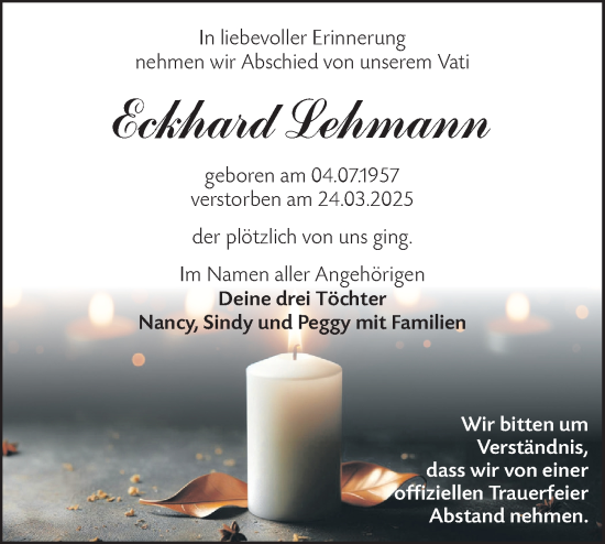 Traueranzeige von Eckhard Lehmann von Lausitzer Rundschau