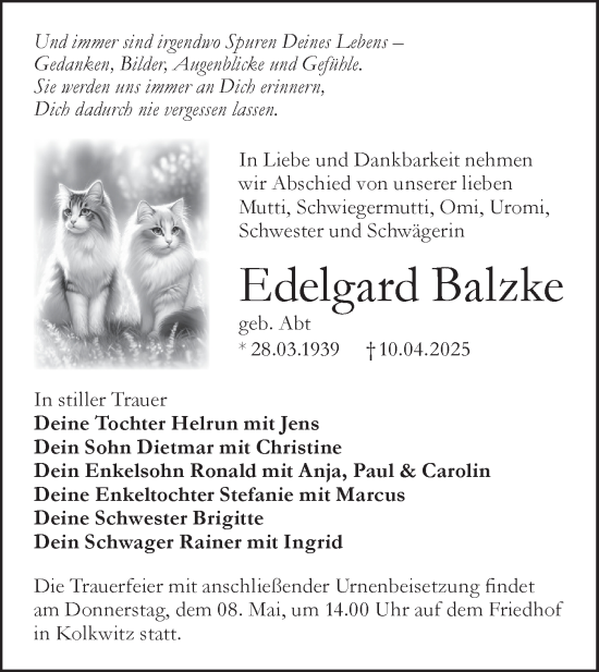 Traueranzeige von Edelgard Balzke von Lausitzer Rundschau