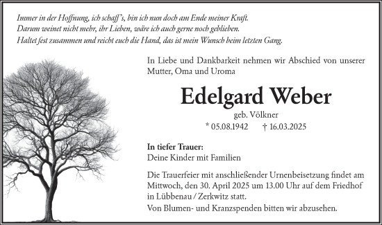 Traueranzeige von Edelgard Weber von Lausitzer Rundschau