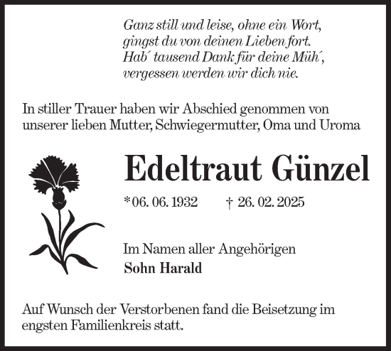 Traueranzeige von Edeltraut Günzel von Lausitzer Rundschau