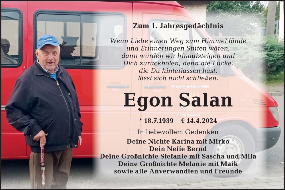  Traueranzeige für Egon Salan vom 12.04.2025 aus Lausitzer Rundschau
