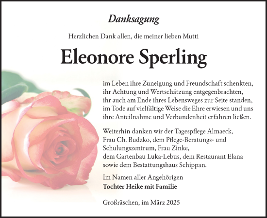 Traueranzeige von Eleonore Sperling von Lausitzer Rundschau