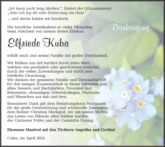 Traueranzeige von Elfriede Kuba von Lausitzer Rundschau