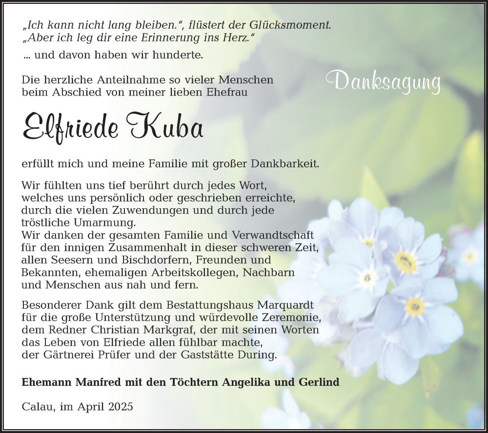  Traueranzeige für Elfriede Kuba vom 19.04.2025 aus Lausitzer Rundschau