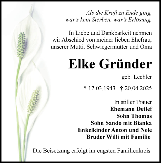 Traueranzeige von Elke Gründer von Lausitzer Rundschau