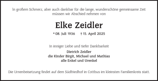 Traueranzeige von Elke Zeidler von Lausitzer Rundschau