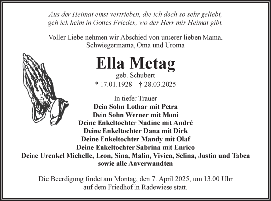 Traueranzeige von Ella Metag von Lausitzer Rundschau