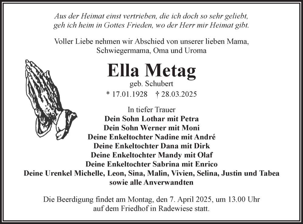  Traueranzeige für Ella Metag vom 05.04.2025 aus Lausitzer Rundschau