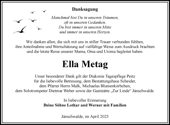 Traueranzeige von Ella Metag von Lausitzer Rundschau