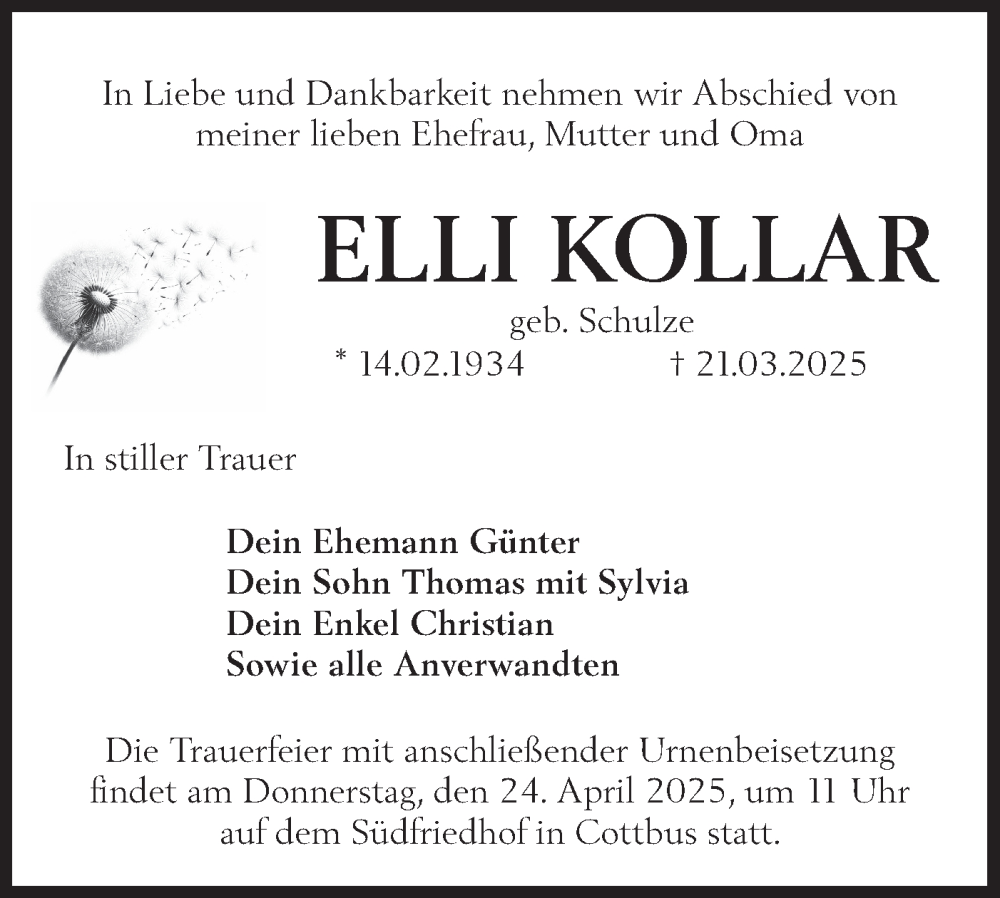 Traueranzeige für Elli Kollar vom 12.04.2025 aus Lausitzer Rundschau