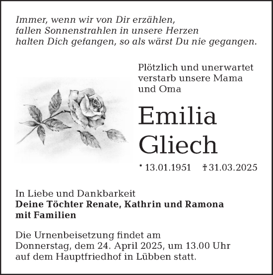 Traueranzeige von Emilia Gliech von Lausitzer Rundschau