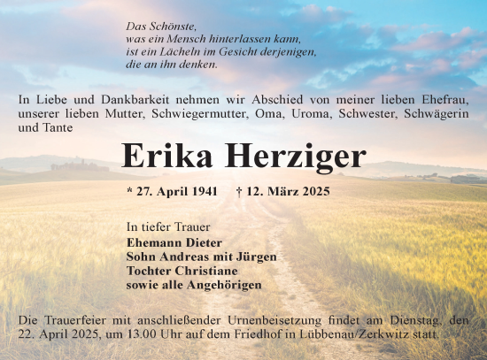 Traueranzeige von Erika Herziger von Lausitzer Rundschau