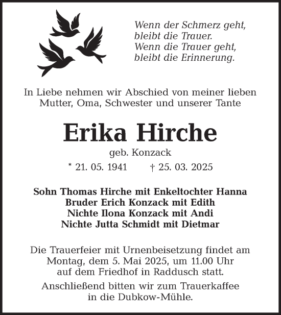 Traueranzeige von Erika Hirche von Lausitzer Rundschau