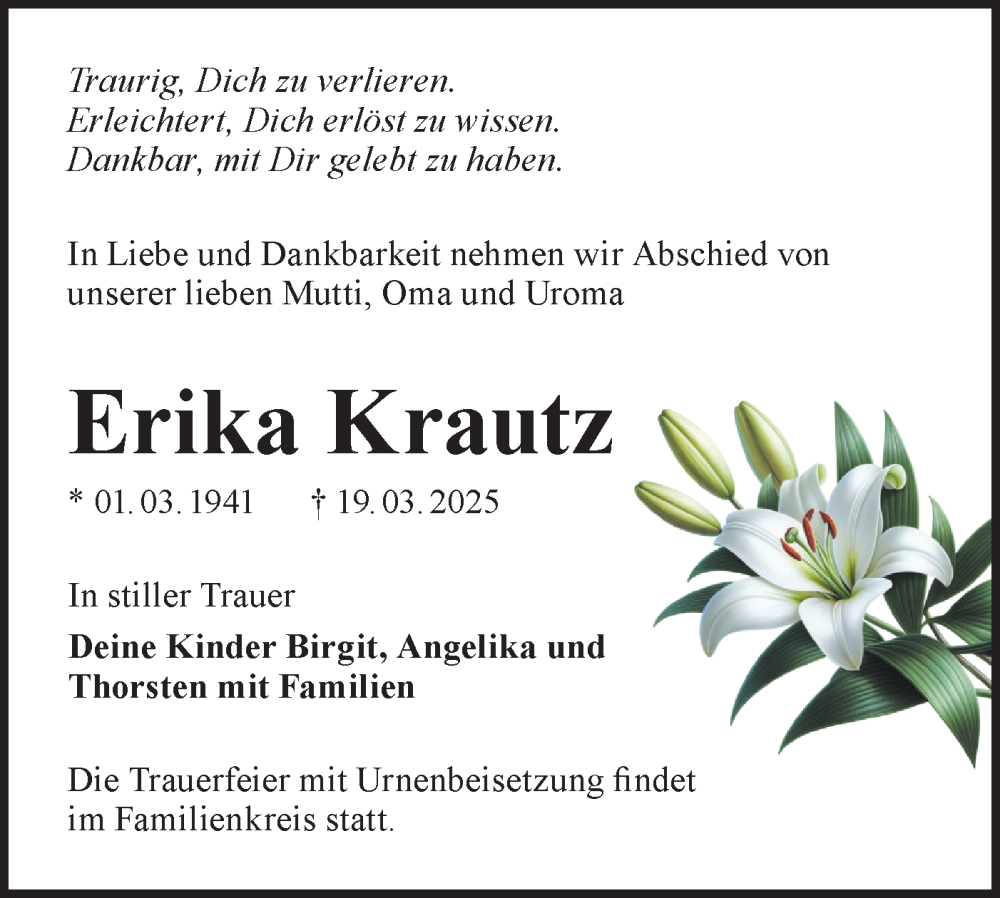  Traueranzeige für Erika Krautz vom 05.04.2025 aus Lausitzer Rundschau