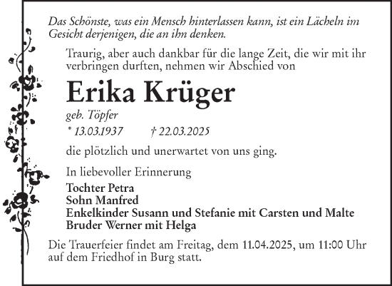 Traueranzeige von Erika Krüger von Lausitzer Rundschau