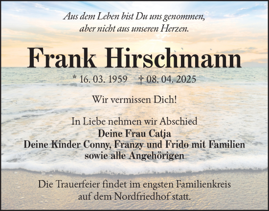 Traueranzeige von Frank Hirschmann von Lausitzer Rundschau