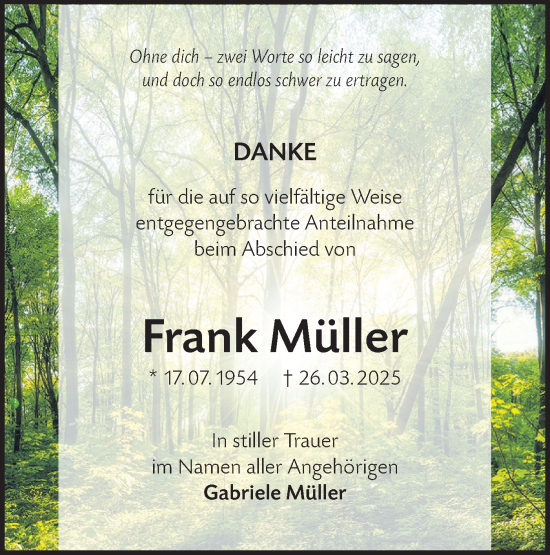 Traueranzeige von Frank Müller von Lausitzer Rundschau