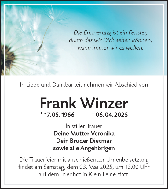 Traueranzeige von Frank Winzer von Lausitzer Rundschau