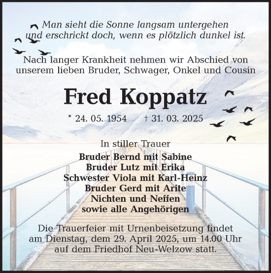 Traueranzeige von Fred Koppatz von Lausitzer Rundschau