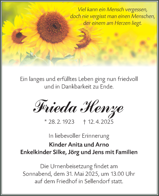 Traueranzeige von Frieda Henze von Lausitzer Rundschau