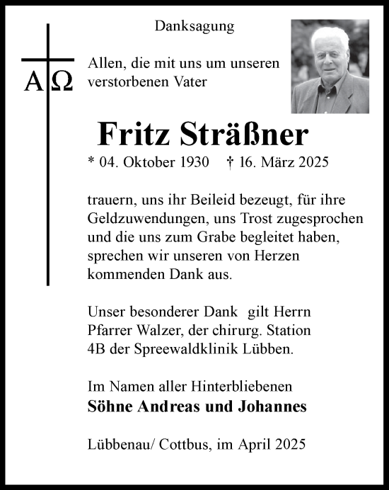 Traueranzeige von Fritz Sträßner von Lausitzer Rundschau