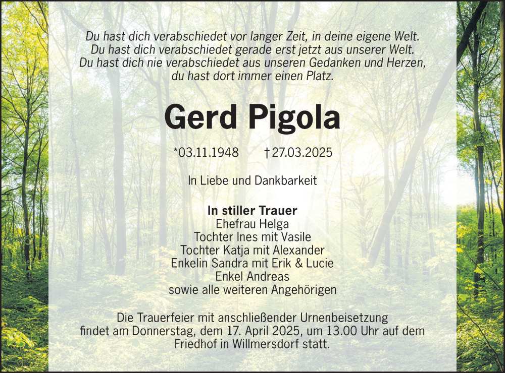  Traueranzeige für Gerd Pigola vom 05.04.2025 aus Lausitzer Rundschau
