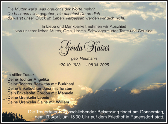 Traueranzeige von Gerda Kaiser von Lausitzer Rundschau