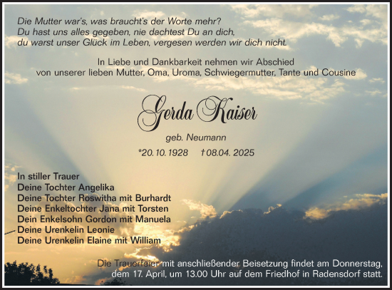 Traueranzeige von Gerda Kaiser von Lausitzer Rundschau