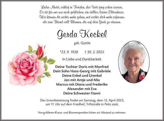 Traueranzeige von Gerda Keckel von Lausitzer Rundschau