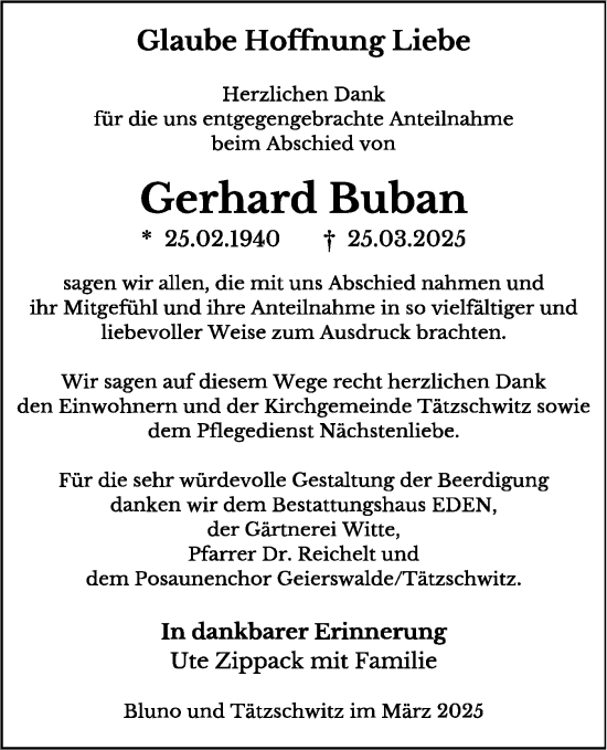 Traueranzeige von Gerhard Buban von Lausitzer Rundschau