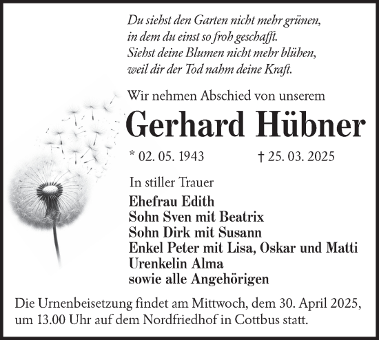 Traueranzeige von Gerhard Hübner von Lausitzer Rundschau