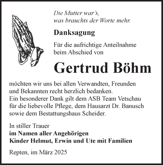 Traueranzeige von Gertrud Böhm von Lausitzer Rundschau