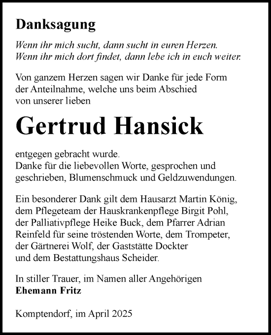 Traueranzeige von Gertrud Hansick von Lausitzer Rundschau
