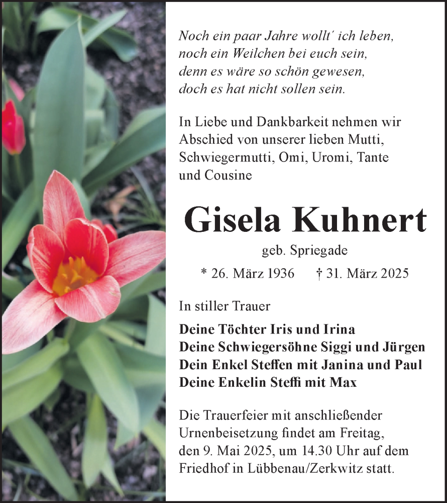  Traueranzeige für Gisela Kuhnert vom 26.04.2025 aus Lausitzer Rundschau