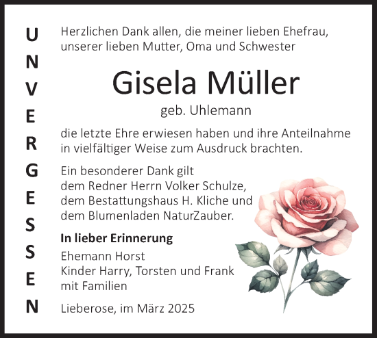Traueranzeige von Gisela Müller von Lausitzer Rundschau