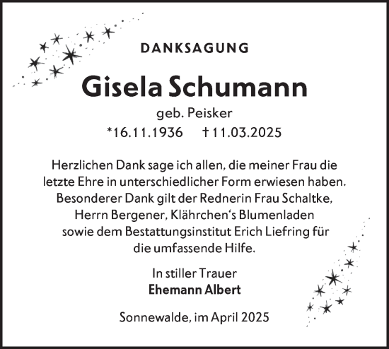 Traueranzeige von Gisela Schumann von Lausitzer Rundschau