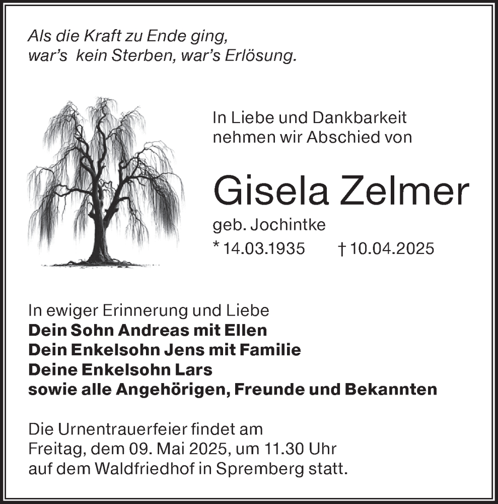 Traueranzeige für Gisela Zelmer vom 26.04.2025 aus Lausitzer Rundschau