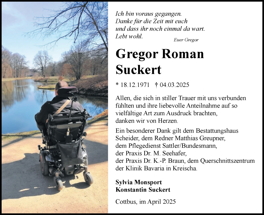  Traueranzeige für Gregor Roman Suckert vom 19.04.2025 aus Lausitzer Rundschau