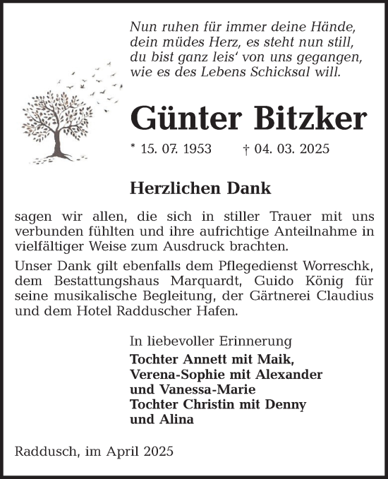 Traueranzeige von Günter Bitzker von Lausitzer Rundschau