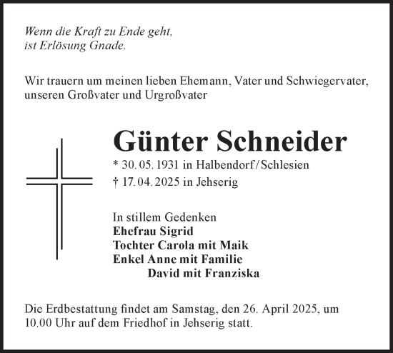 Traueranzeige von Günter Schneider von Lausitzer Rundschau