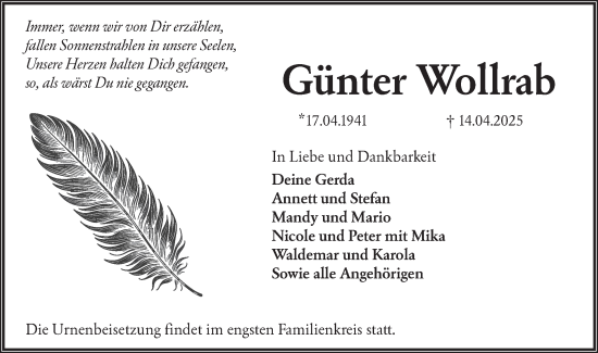 Traueranzeige von Günter Wollrab von Lausitzer Rundschau