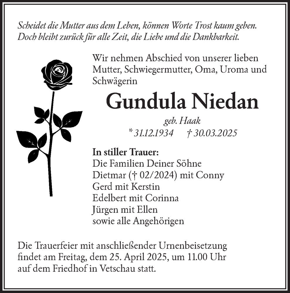  Traueranzeige für Gundula Niedan vom 12.04.2025 aus Lausitzer Rundschau